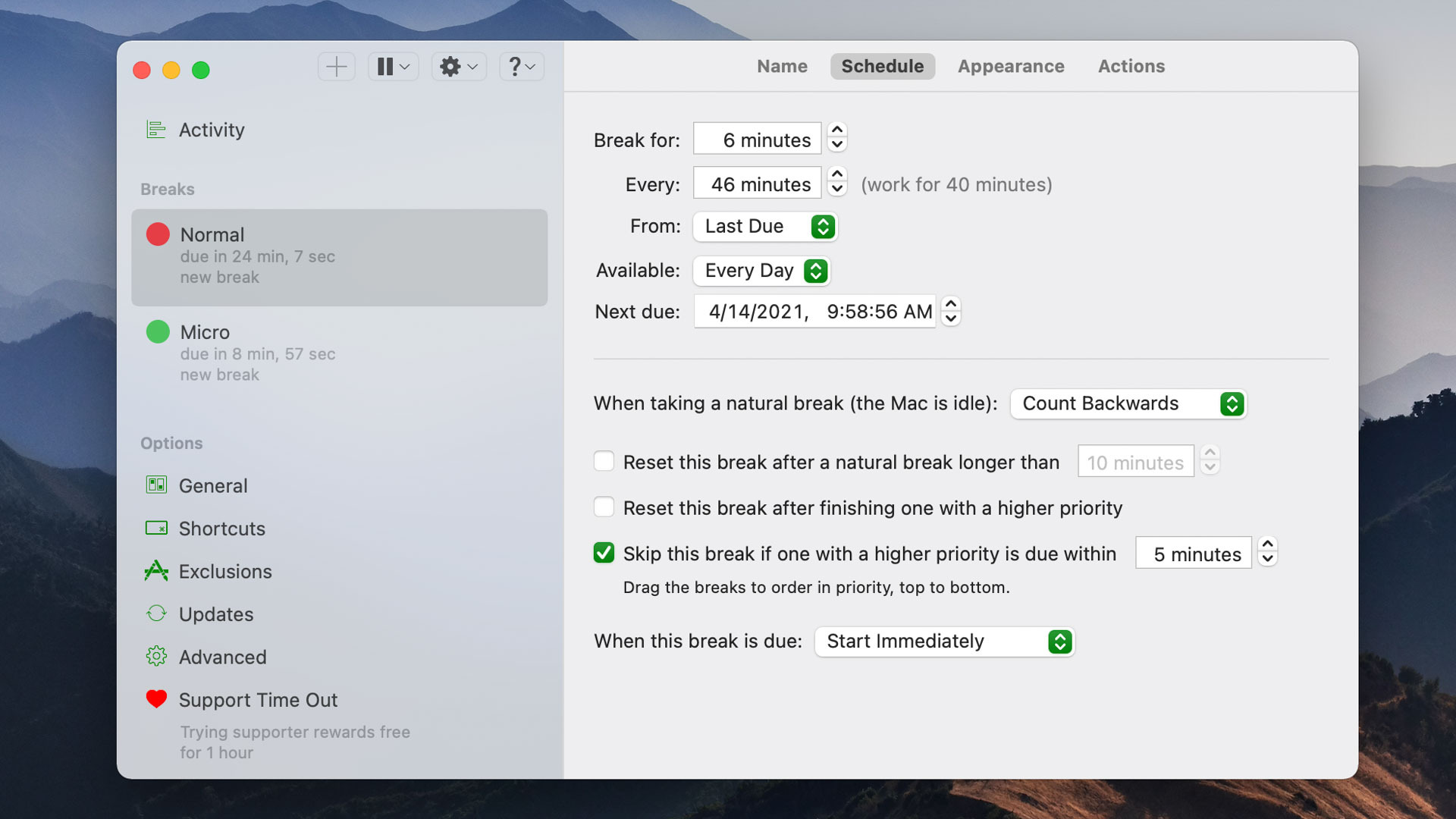 TimeOut for Mac settings