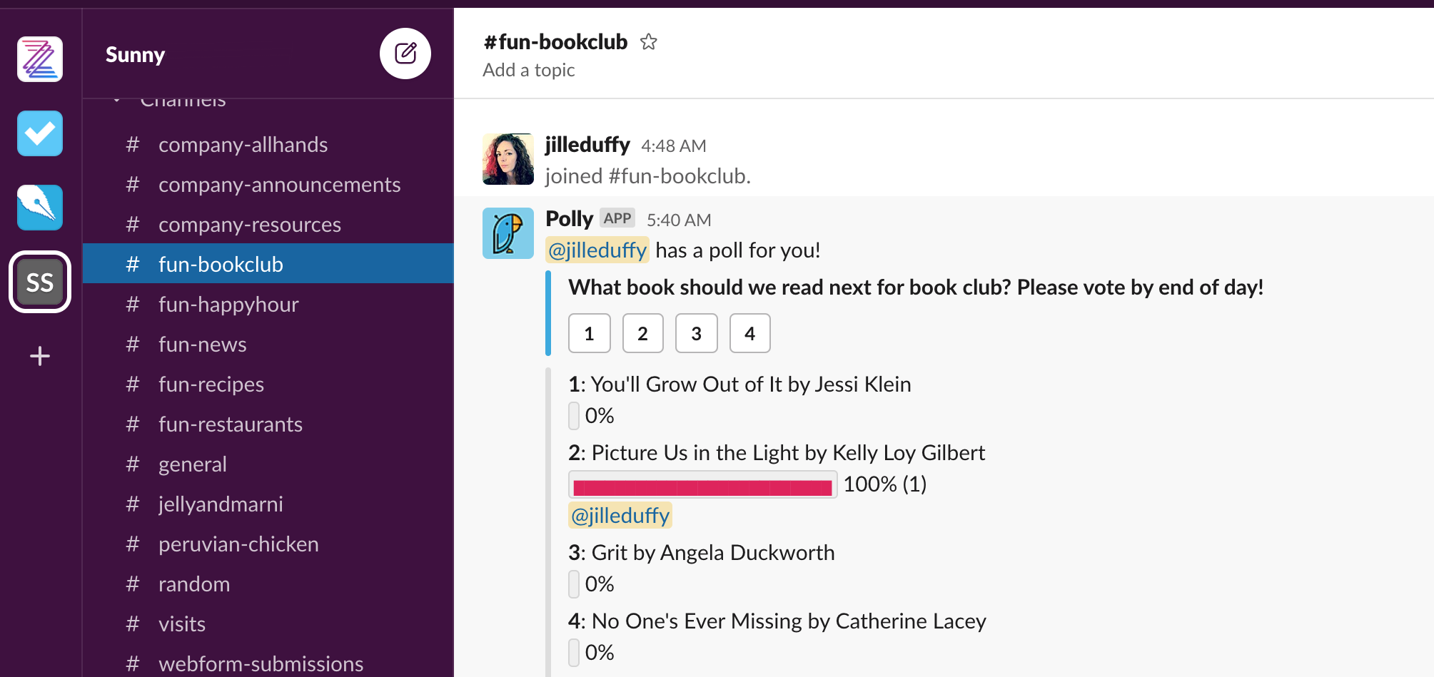 A Slack window with a poll about a book club inside a channel meant for socializing