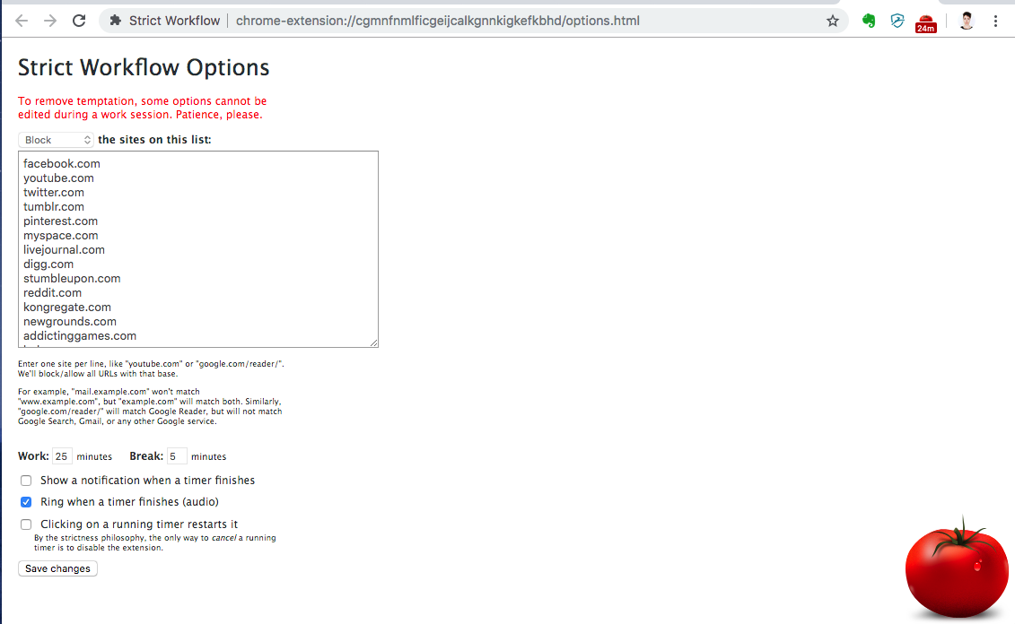 A screenshot of the Strict Workflow app with a list of websites that the app should block during a focus session