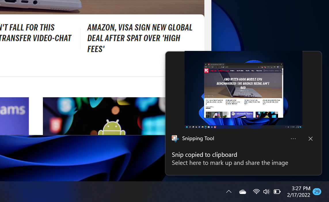 Snipping tool notification in Windows 11
