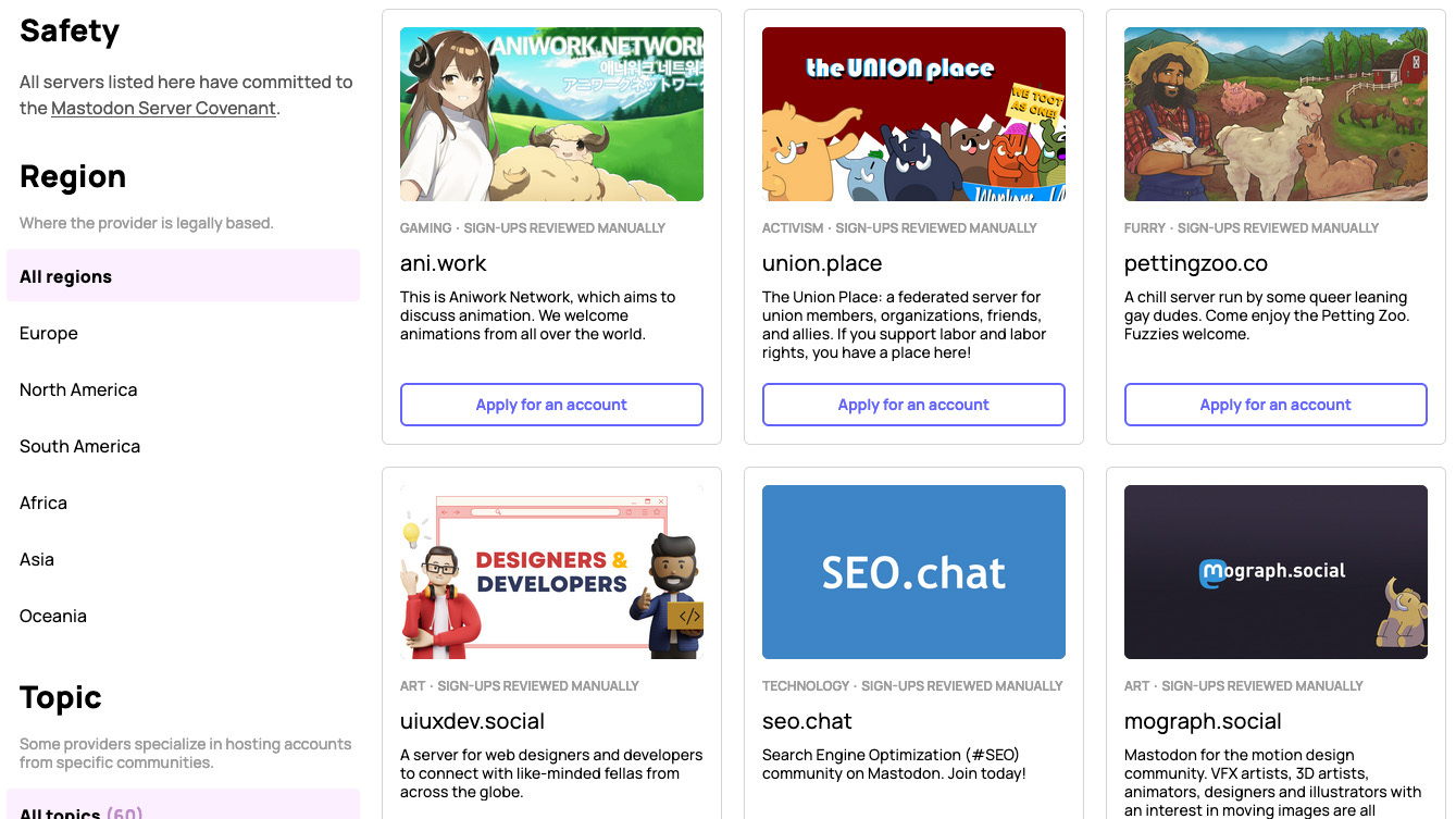 A list of Mastodon servers as it appears on the Mastodon website