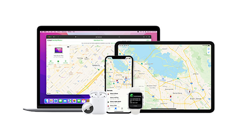 Find My app open on MacBook, iPad, iPhone, Apple Watch, and AirPods are positioned in front