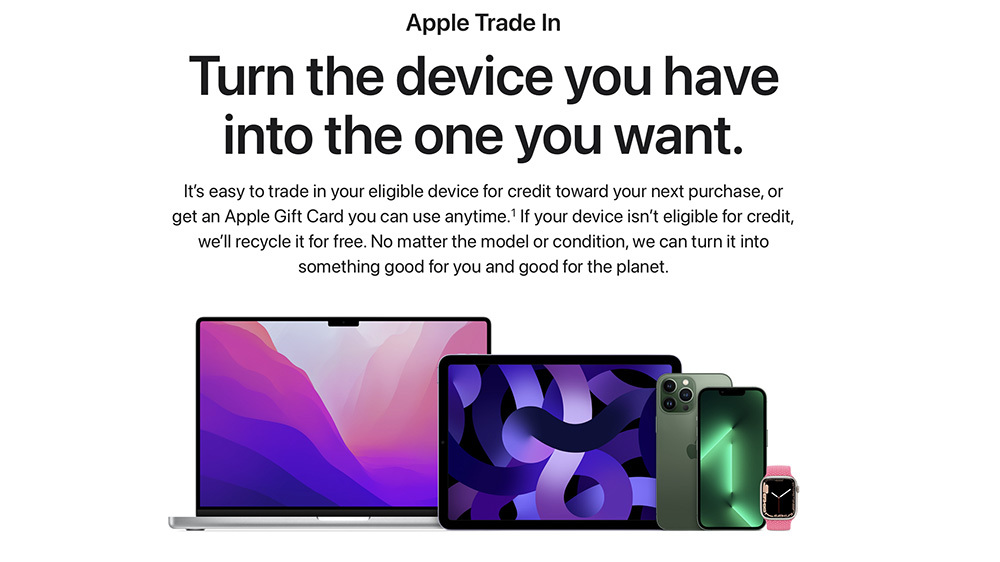 Screenshot of Apple Trade In site with various Apple devices and 