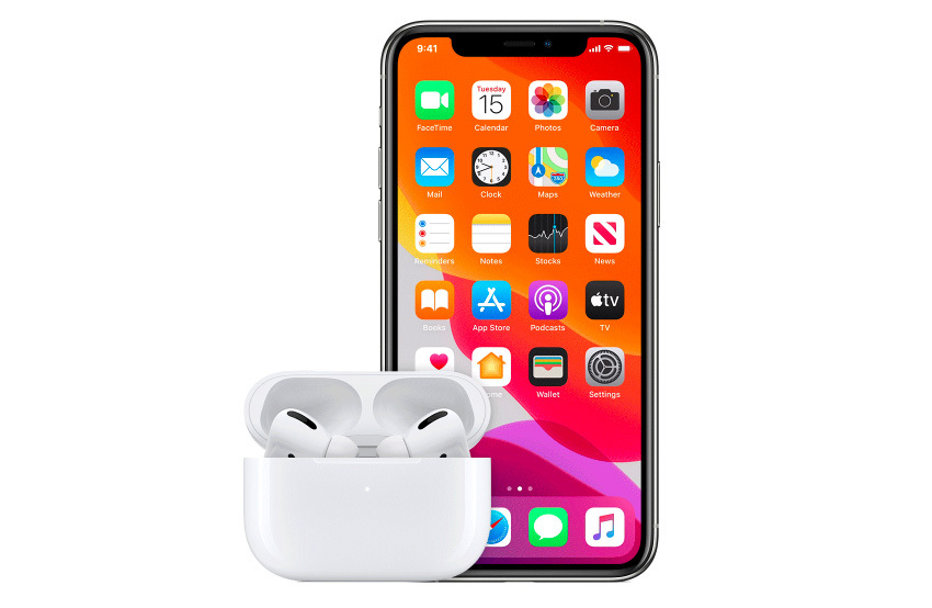 AirPods Pro in case in front of iPhone 12