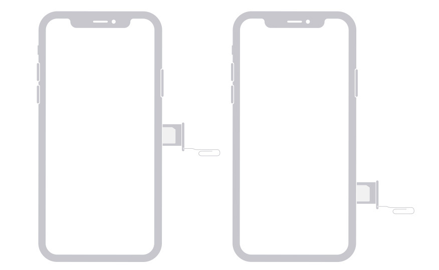 Outline of two iPhones, each with the SIM tray popped out