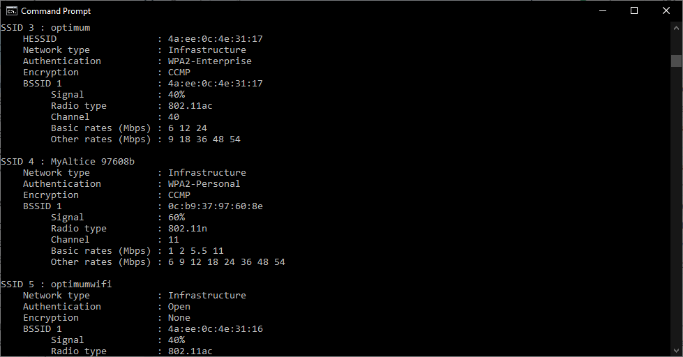 command prompt window showing wi-fi data