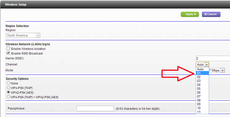 wireless frequency setup screen