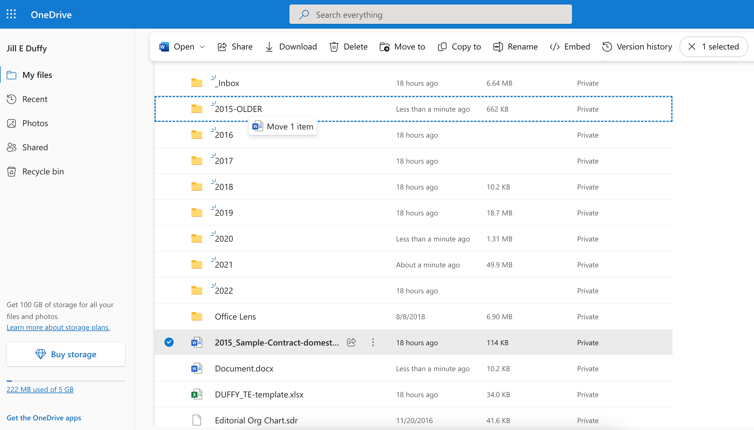 A year-based folder system in OneDrive with a folder at the top called _Inbox