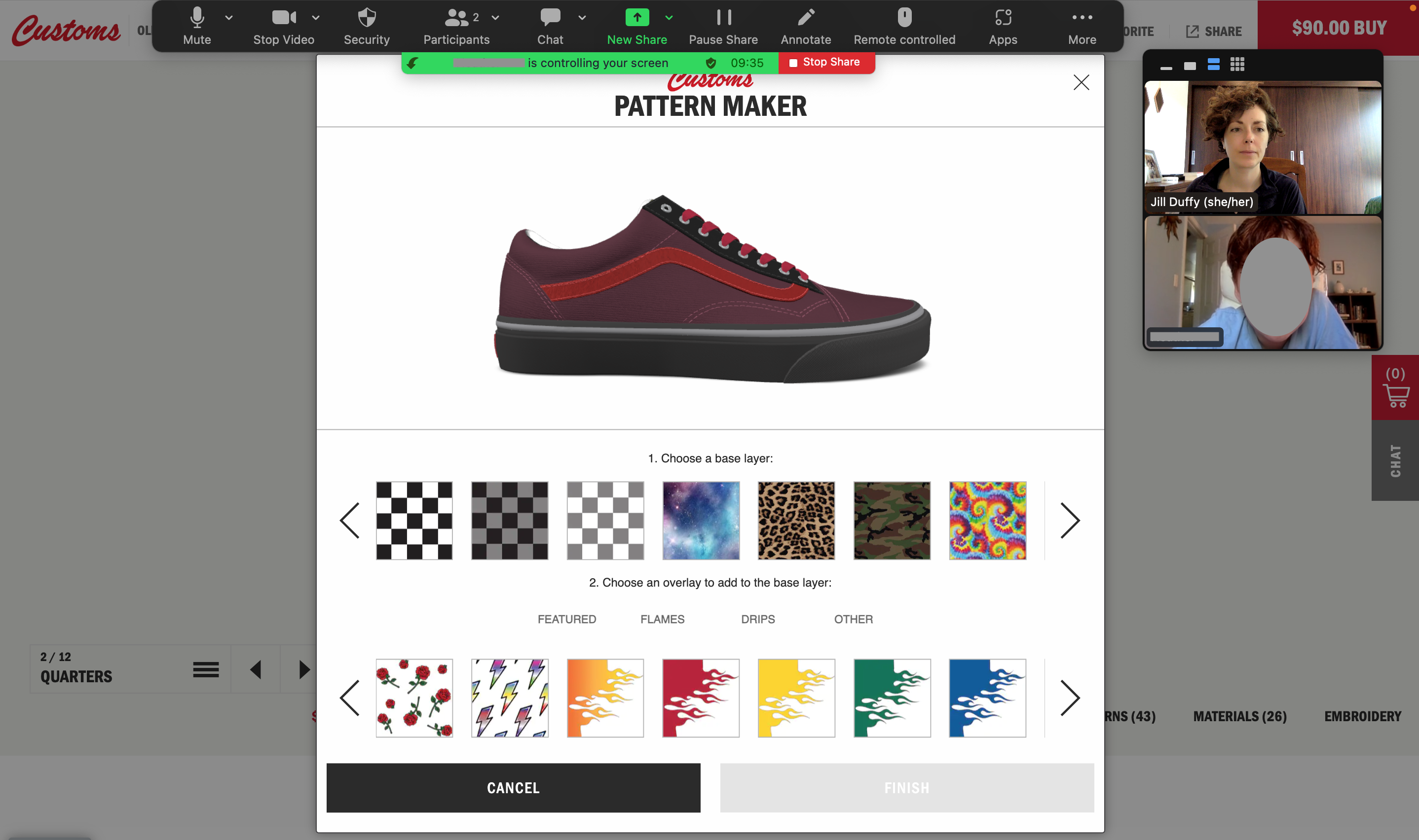 Two people on a Zoom call using the screen share and remote access tools to design sneakers together