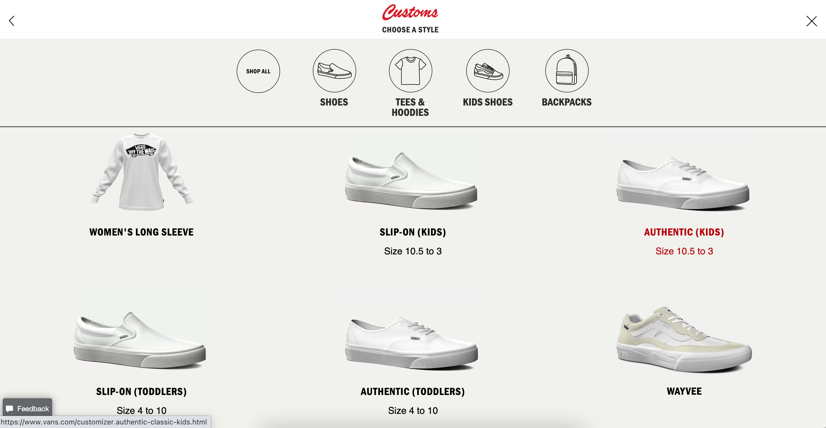 Options for different styles of sneakers and clothing that you can customize on Vans.com