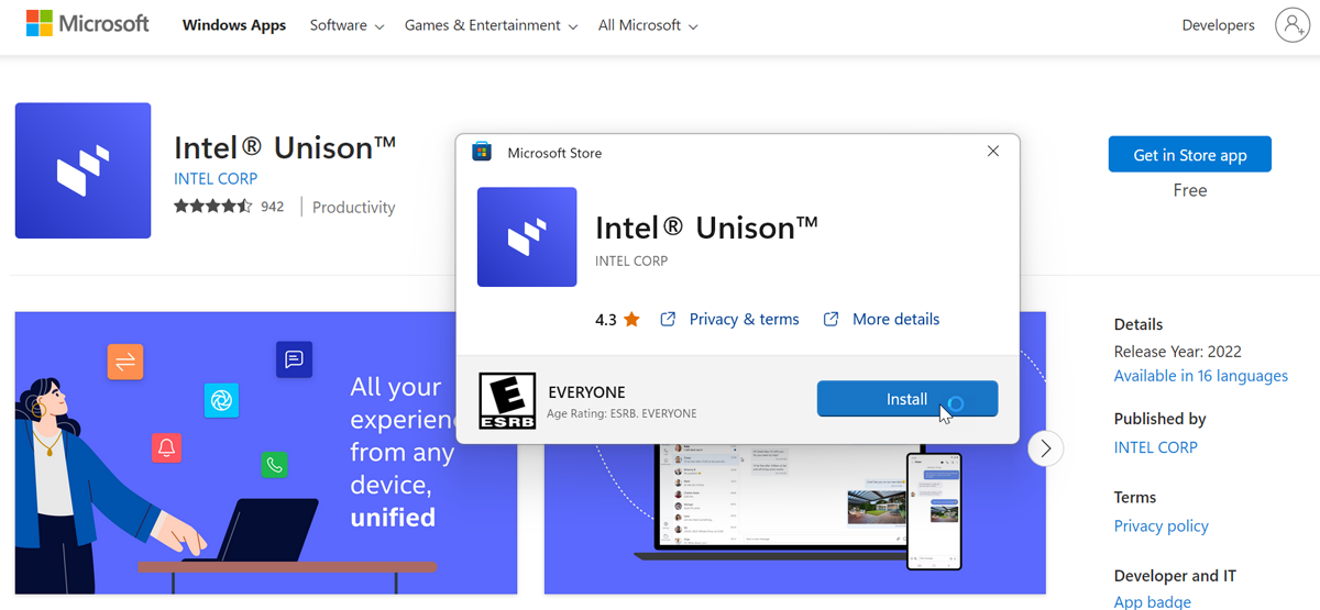 Download and install the Intel Unison app in Windows 11