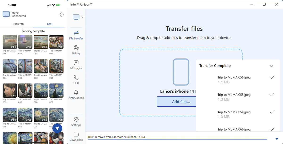 Transferred files appear