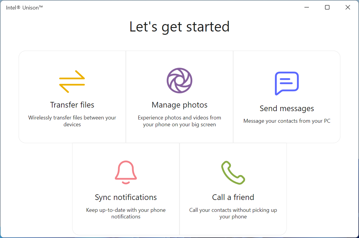 The Intel Unison app displays icons for different tasks
