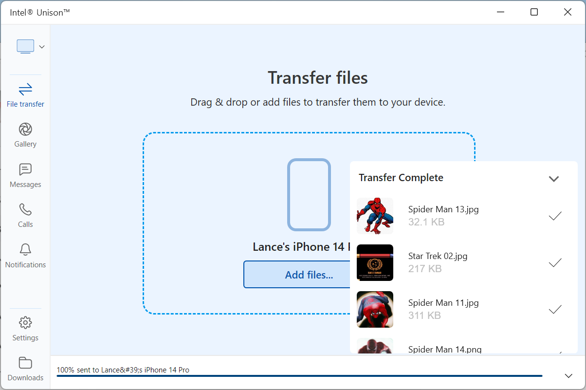 The Unison app shows the names of the files