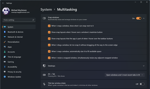 Snap layout settings