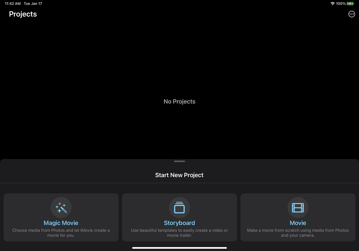 The iMovie Projects screen