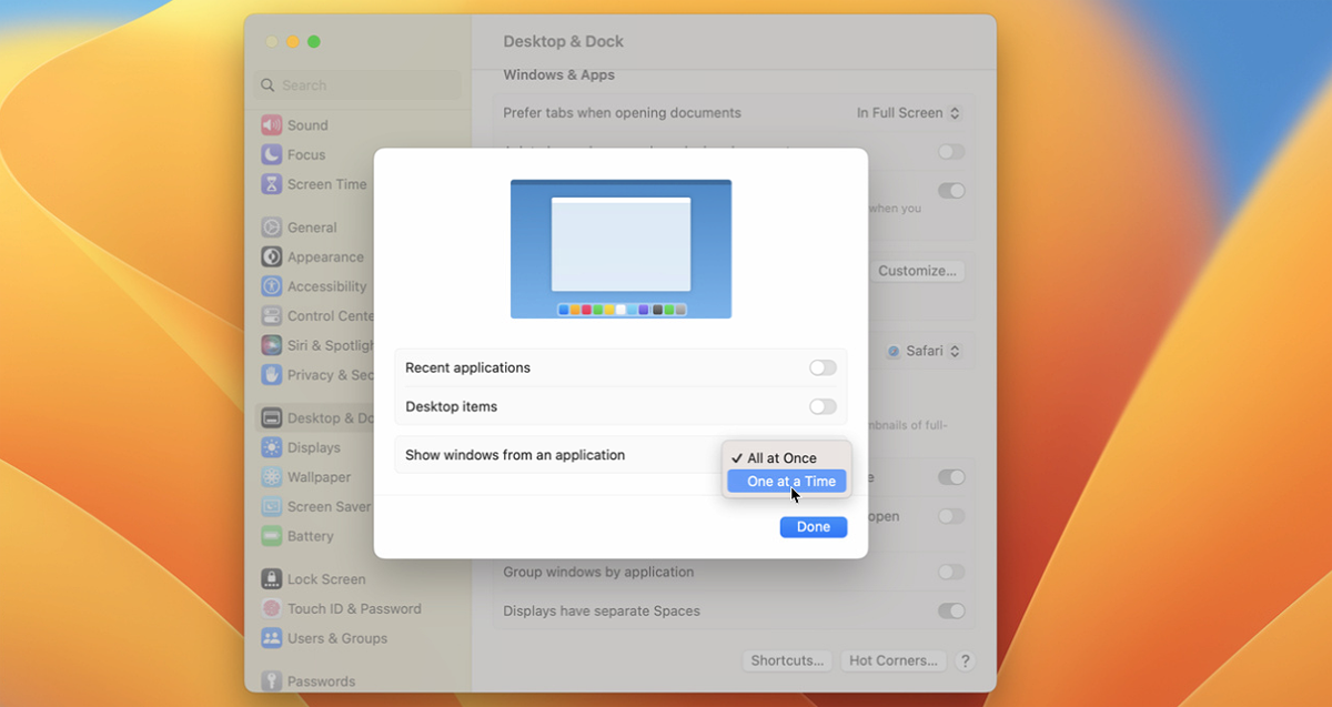 Click the dropdown menu for Show windows from an application