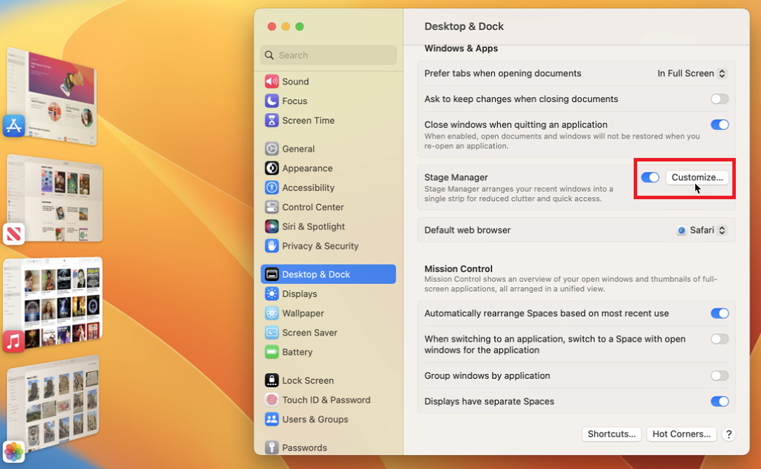 Customize certain settings for Stage Manager