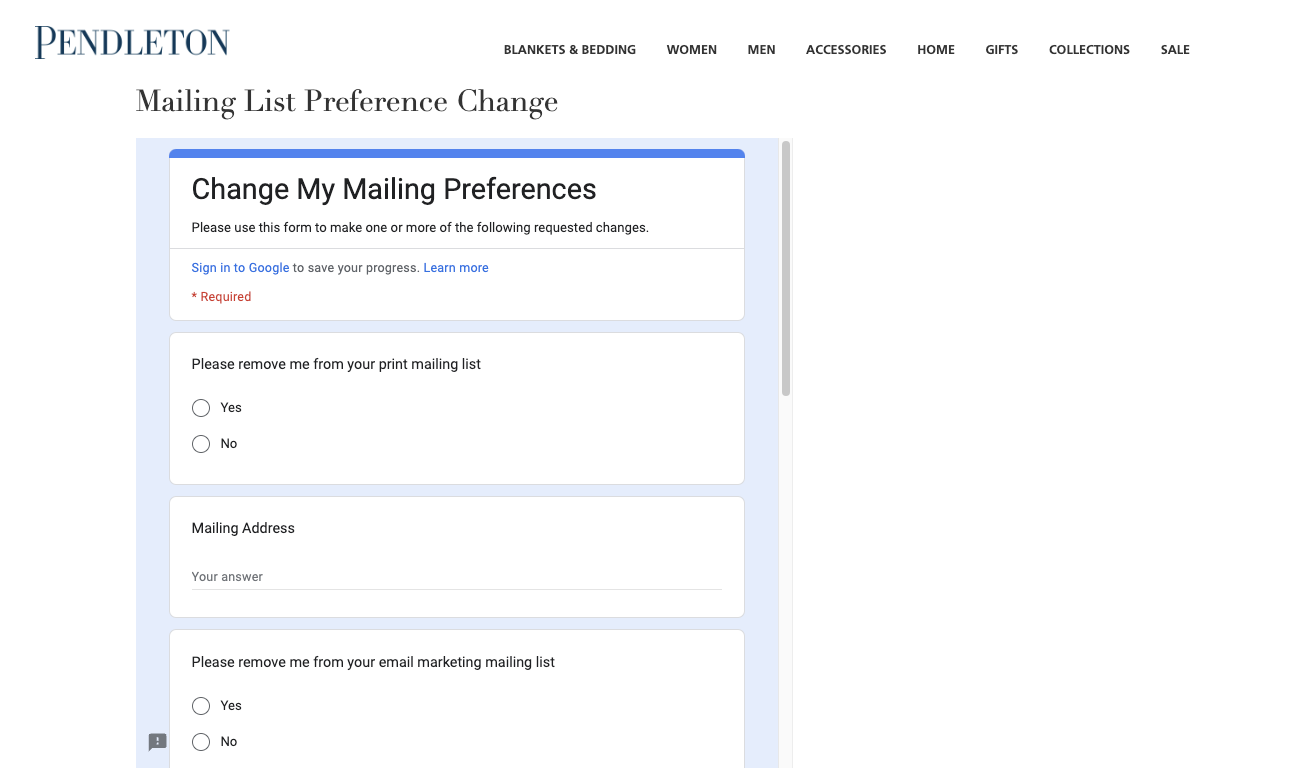 An online web form where you can request to be removed from Pendleton's mailing list