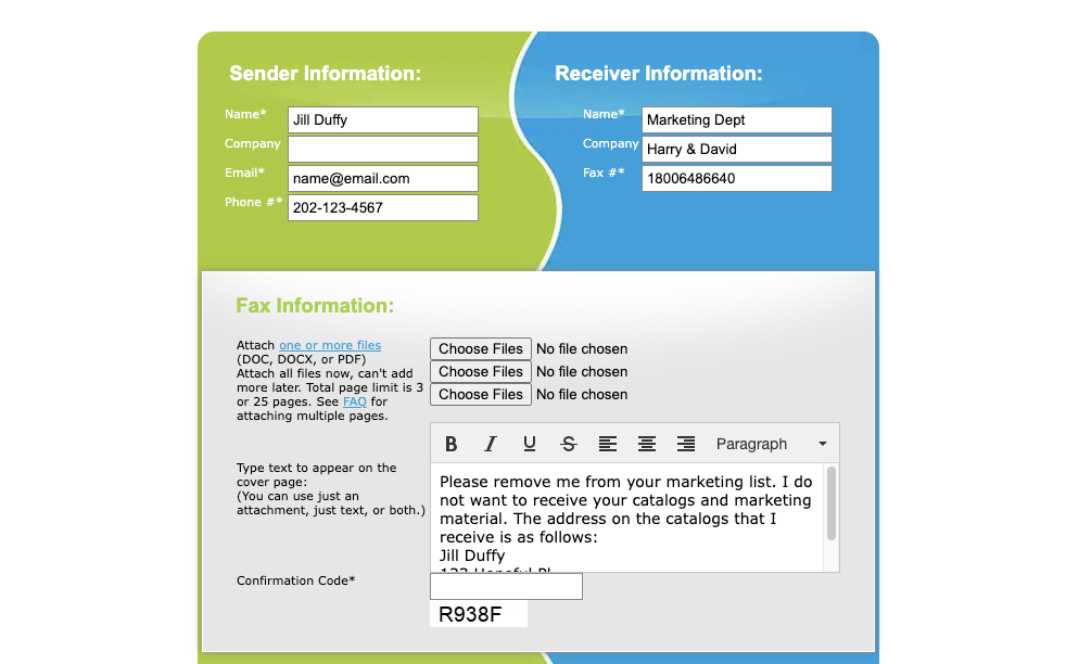 The form at FaxZero that lets you send an online fax for free; it is completed to Harry & David with a request to remove a customer from receiving physical mail