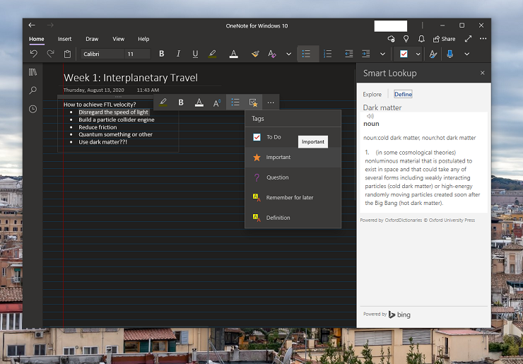OneNote Tags and Smart Lookup
