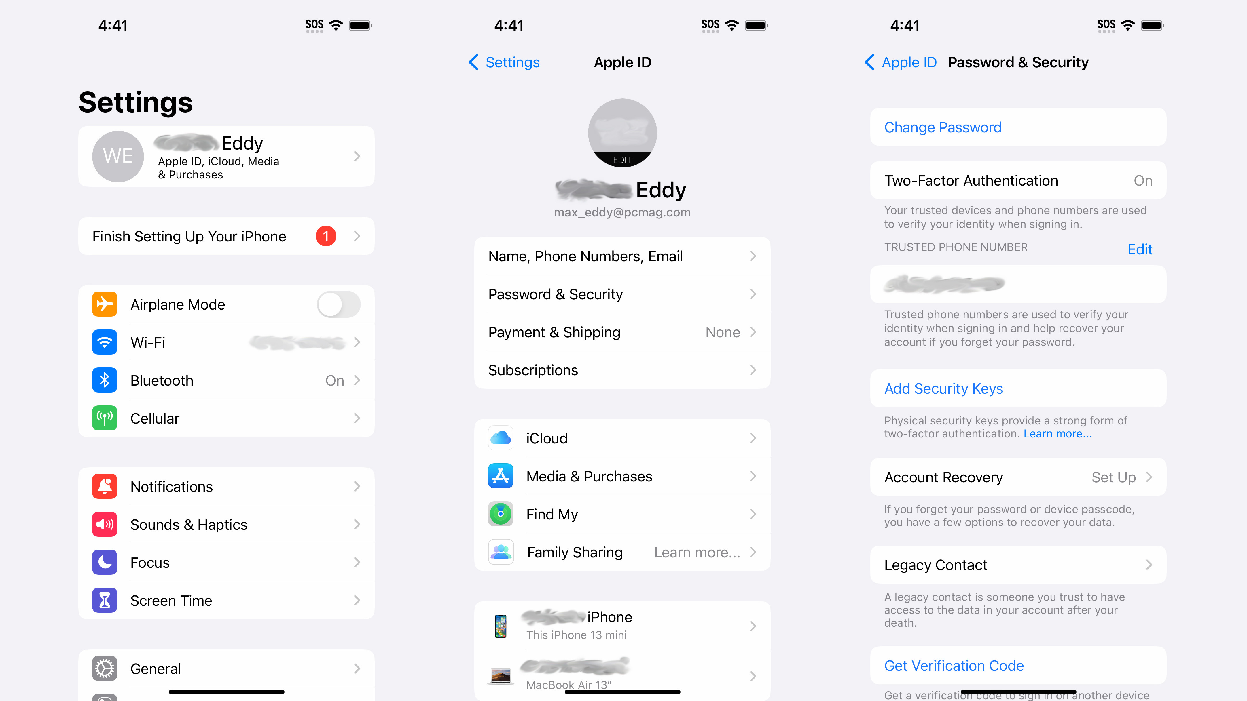 Three Settings screens from iOS, showing the steps to add a security key