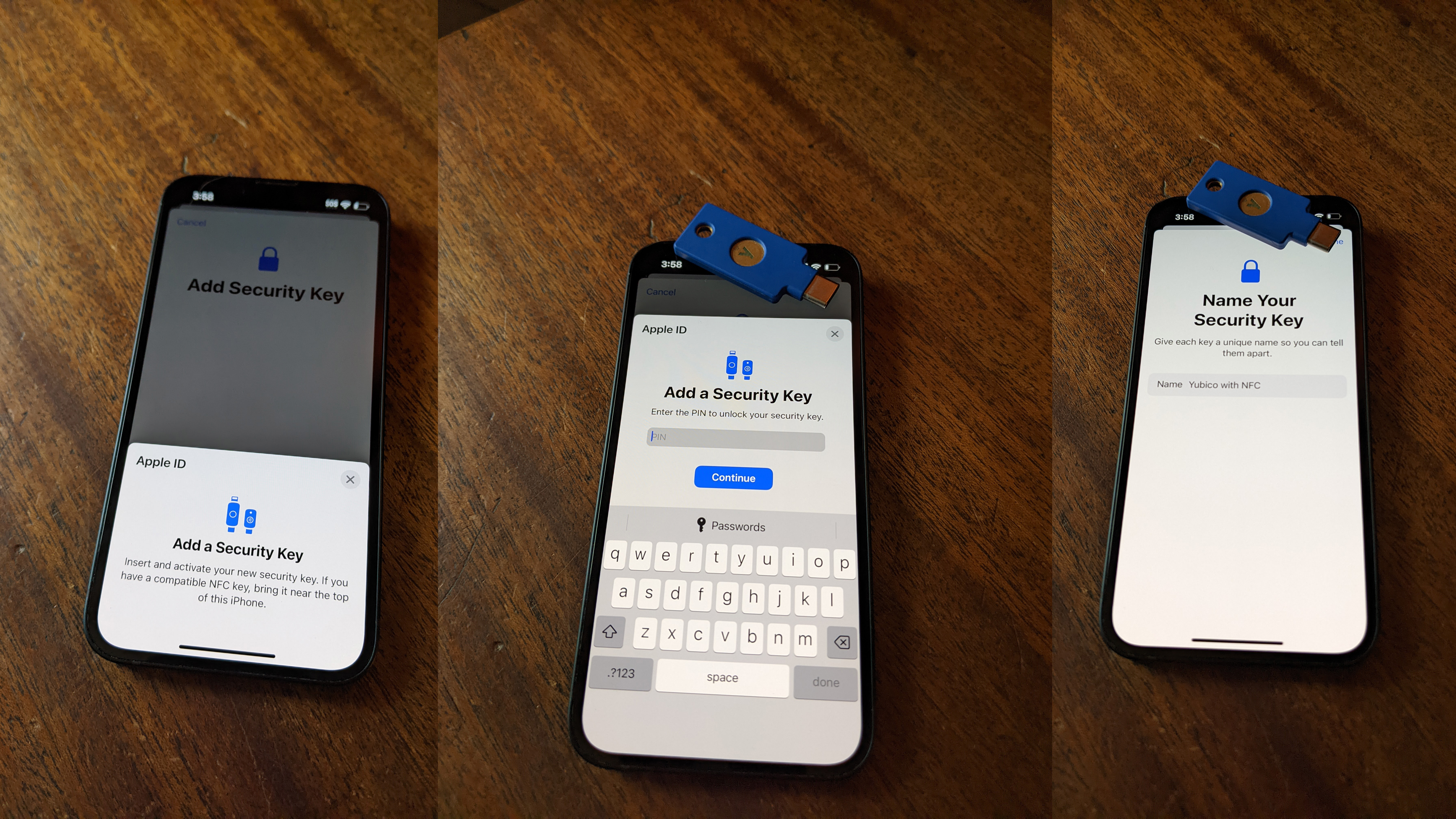 Three photos of an iPhone on a wooden desk; a YubiKey sits on the top of the screen