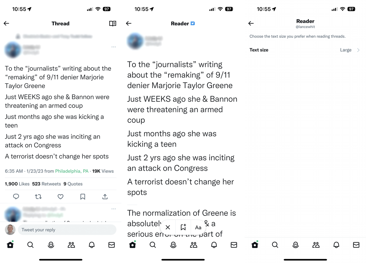 Switch to Reader Mode in a Tweet Thread