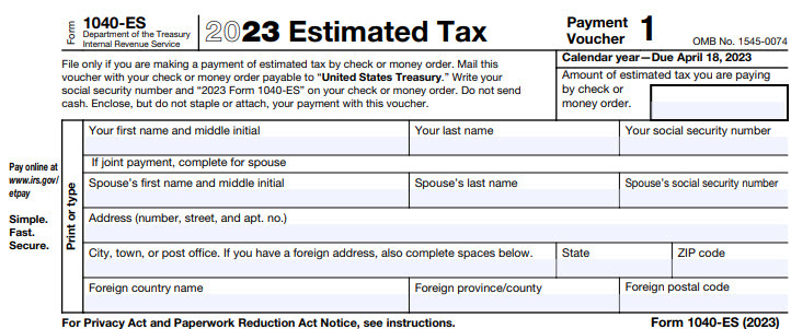 Payment voucher, or IRS form 1040ES, for making estimated payments on self-employment income