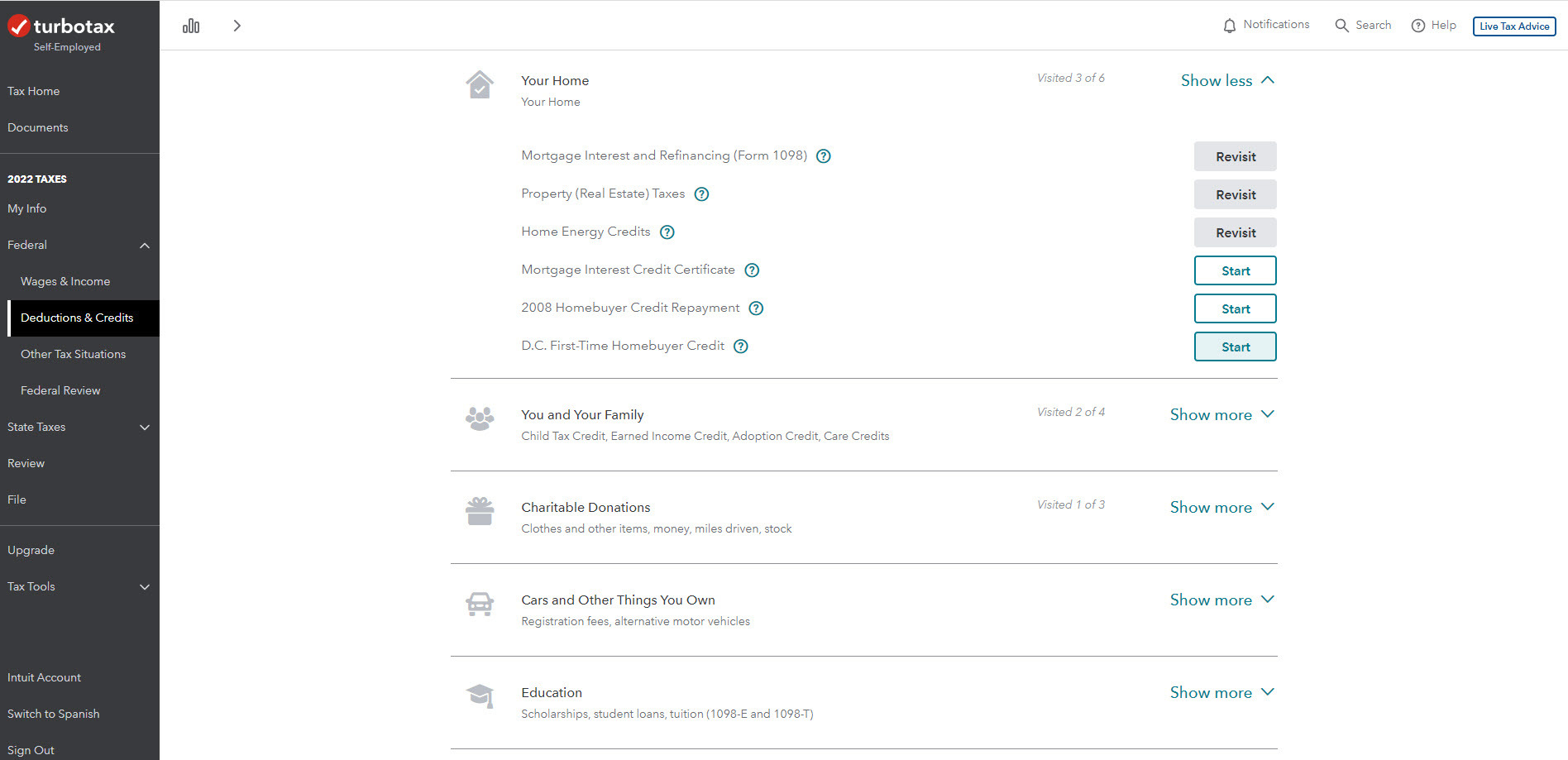 Tax deduction and credits listed in TurboTax