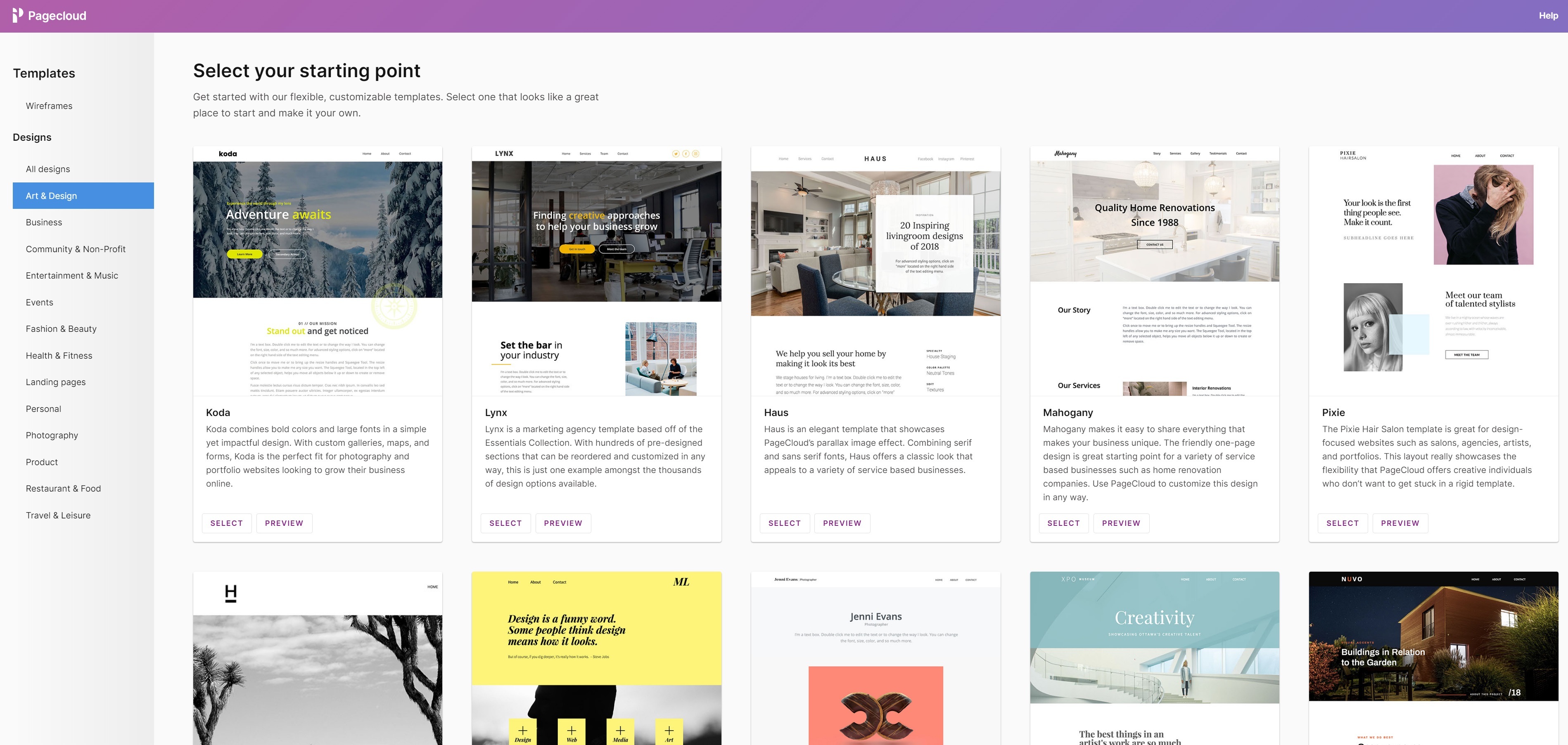 Some of the template choices in Pagecloud