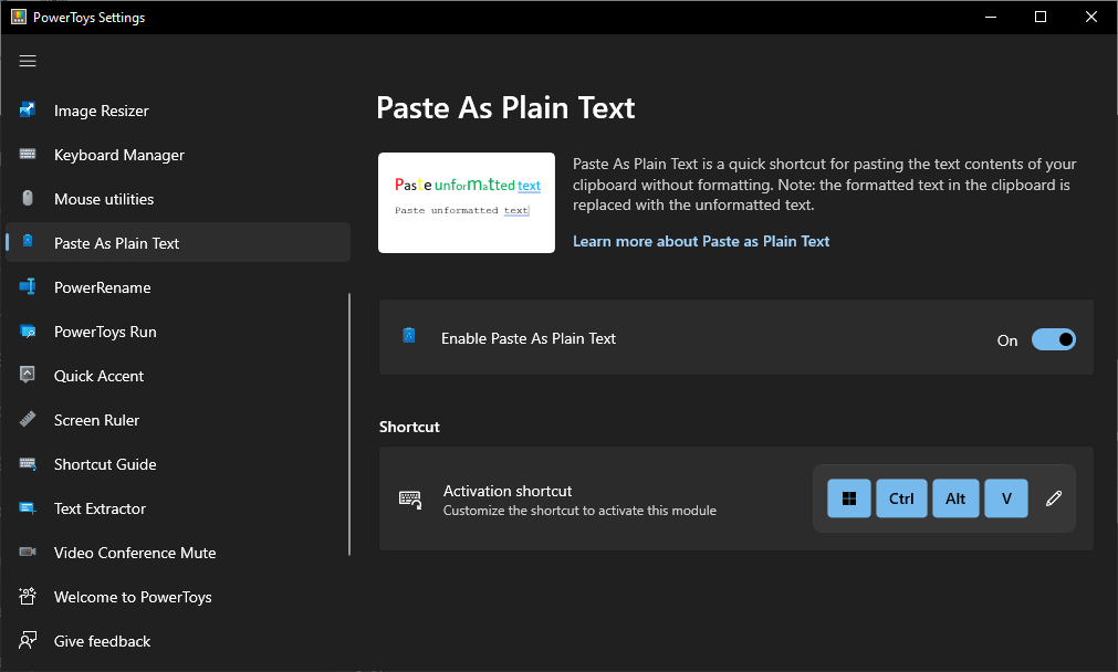 powertoys paste as plain text