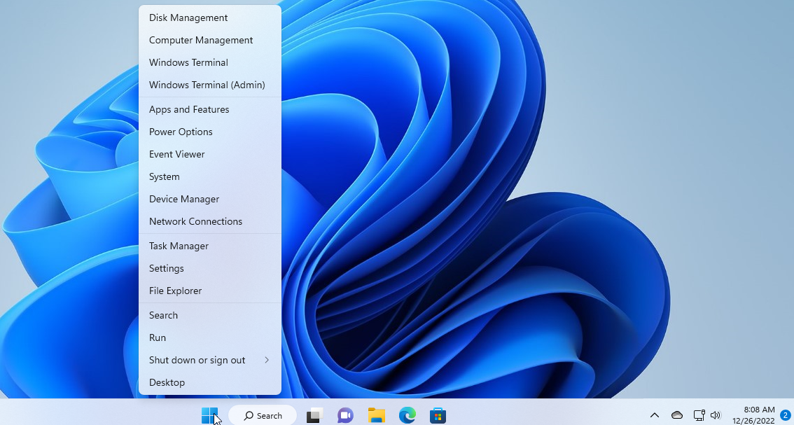 Right-click on the Start button