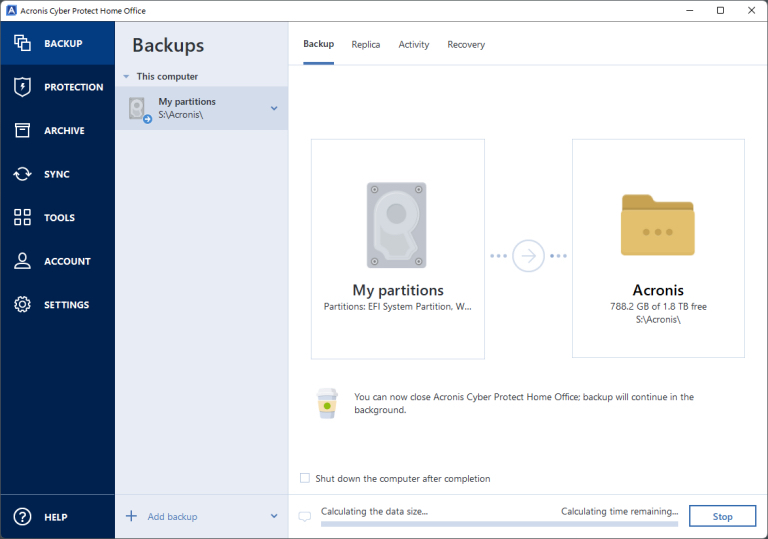 A window in Acronis Cyber Protect Home where the user is making a backup of their computer