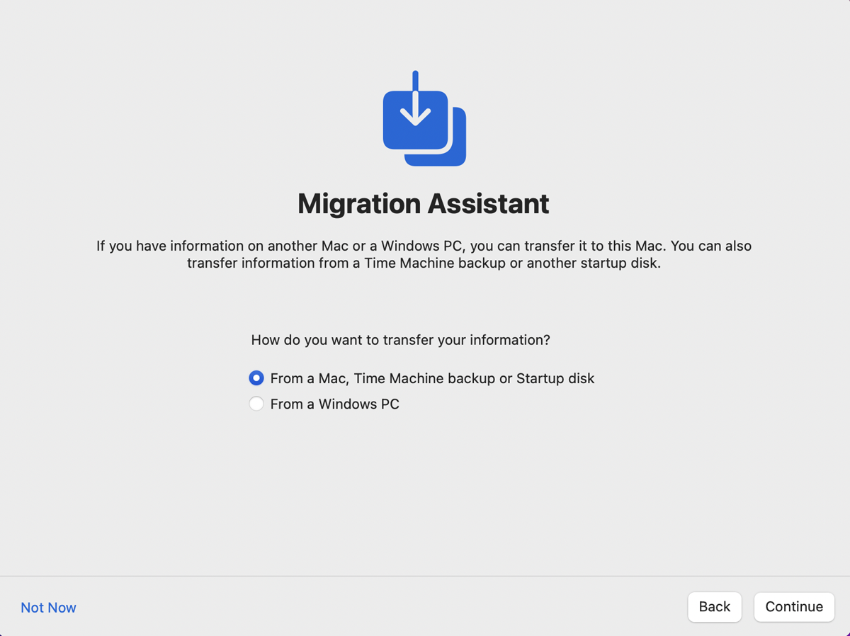 Review the screen for Migration Assistant