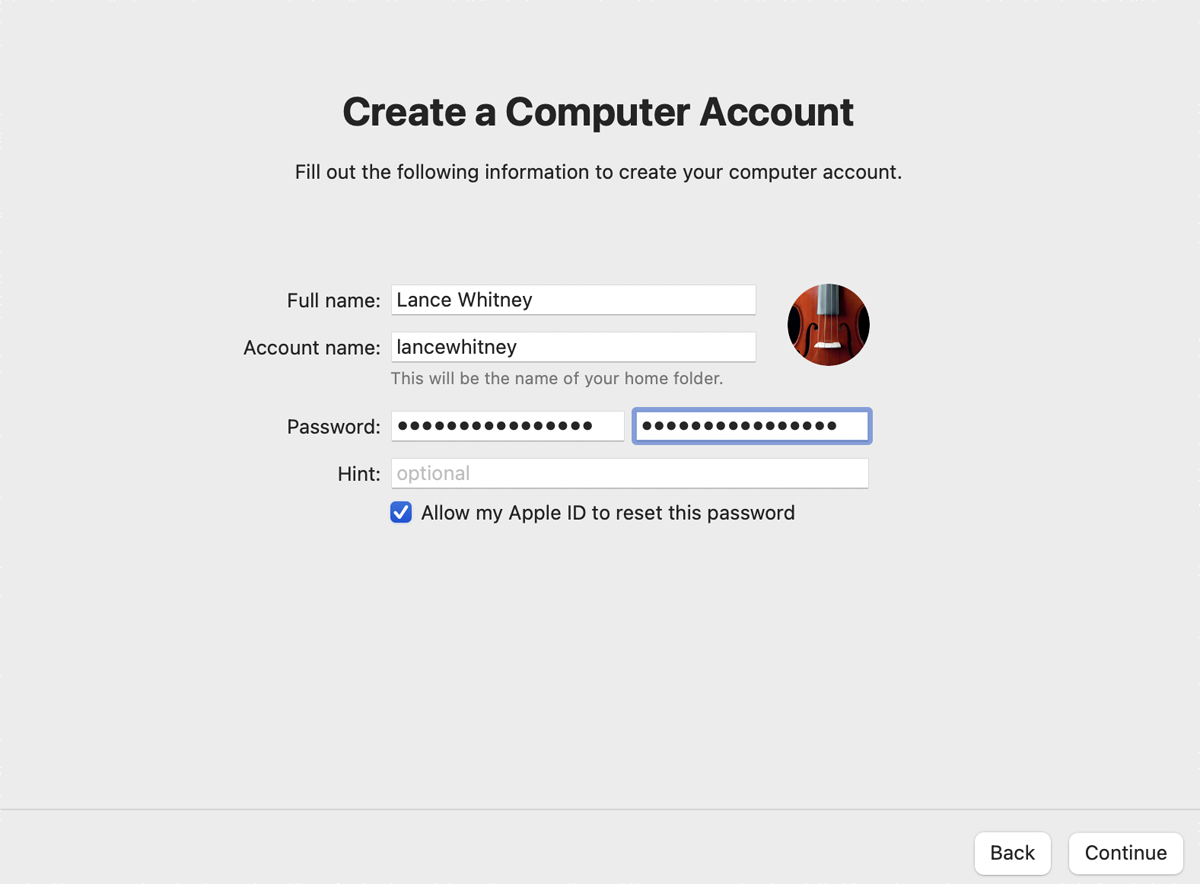 Create and type an account name and password for your Mac