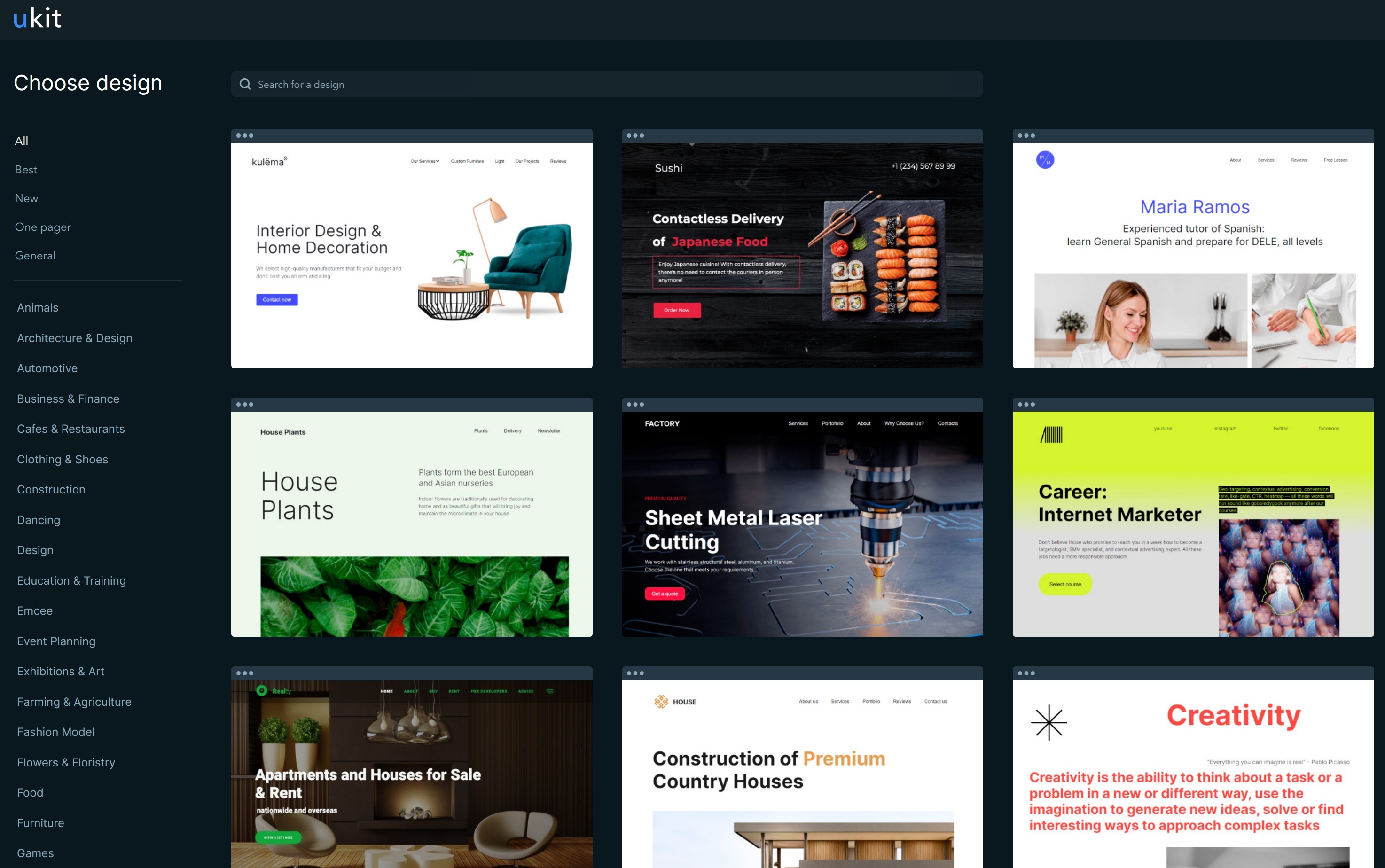 Available templates in uKit