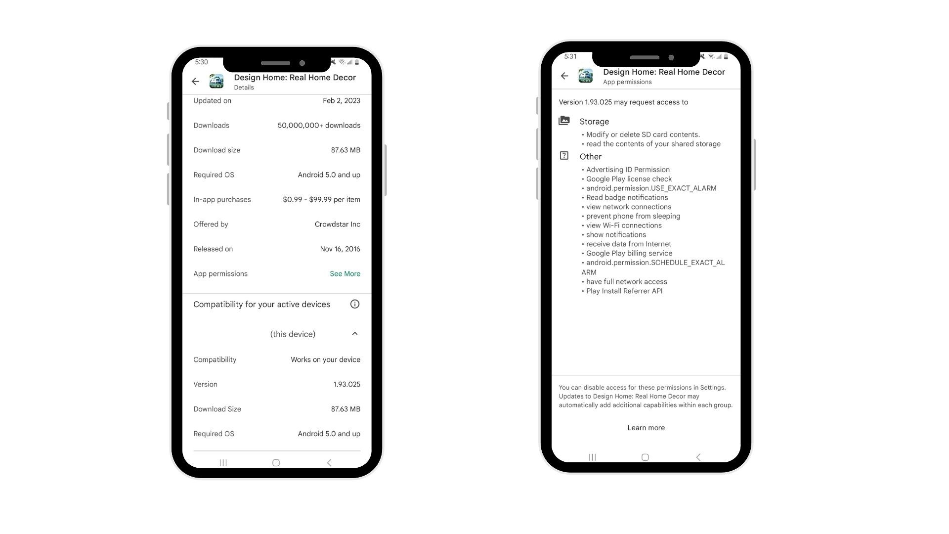 screenshots of permissions in Google Play store