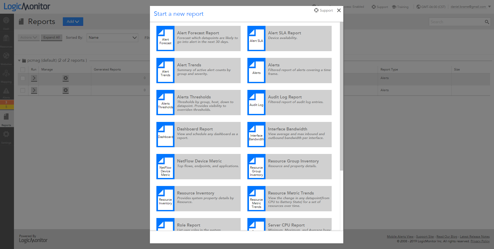 LogicMonitor custom and canned report generation screen shot