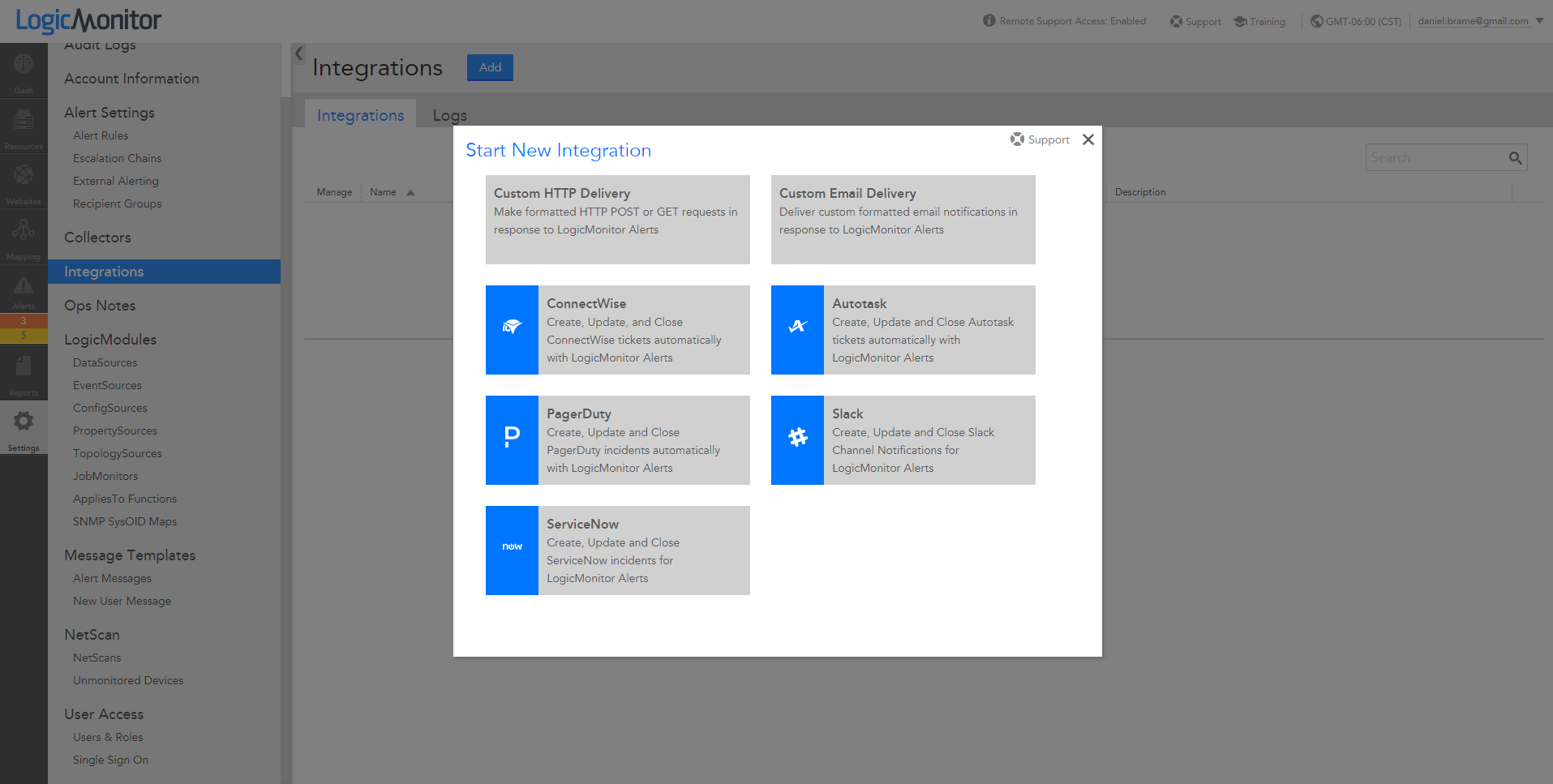 LogicMonitor third-party app integration screen shot