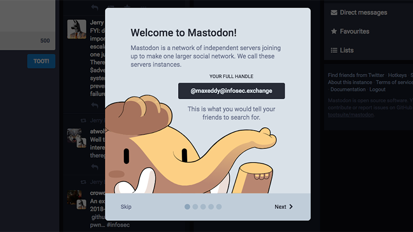 A cute cartoon elephant appearing in a Mastodon tutorial screen