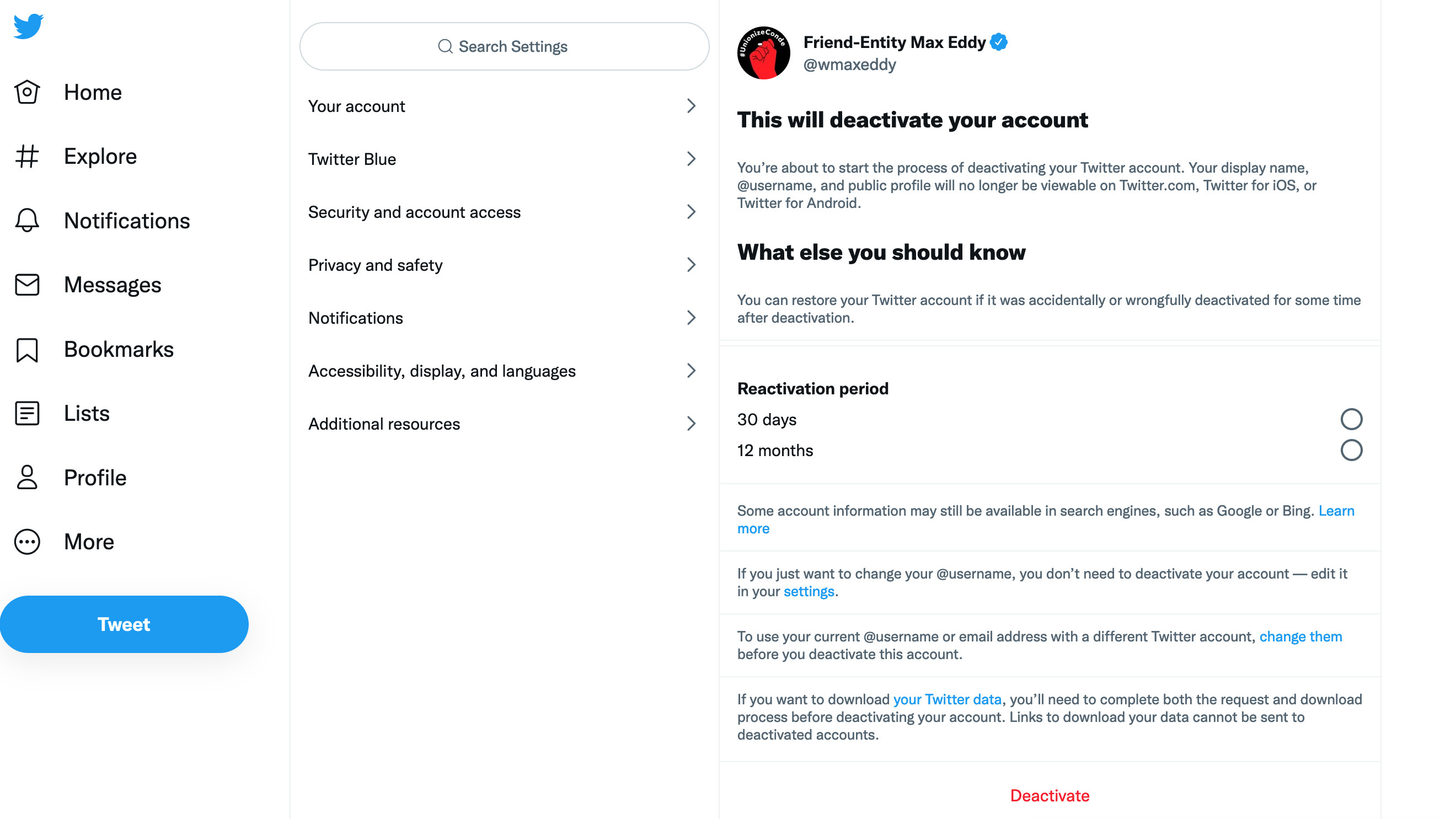 Screen showing the option to deactivate your Twitter account
