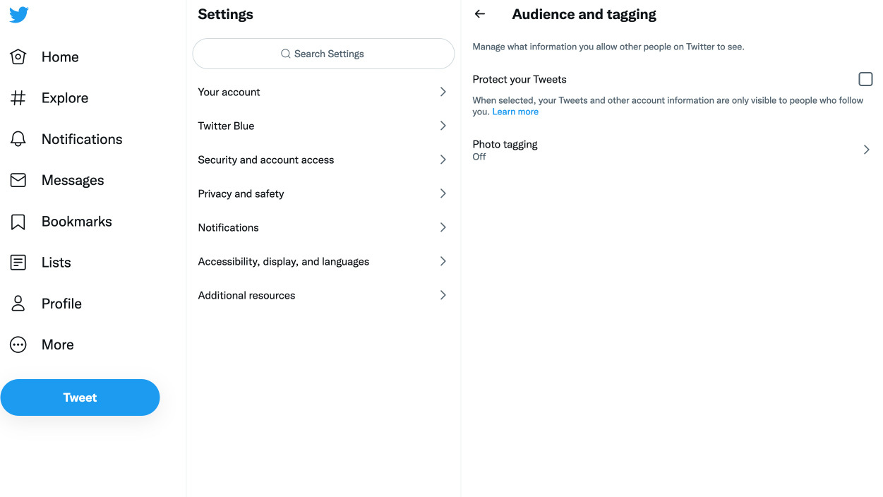 Twitter menu option for protecting your Tweets