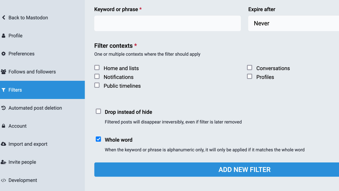 Controls for filtering out content on Mastodon