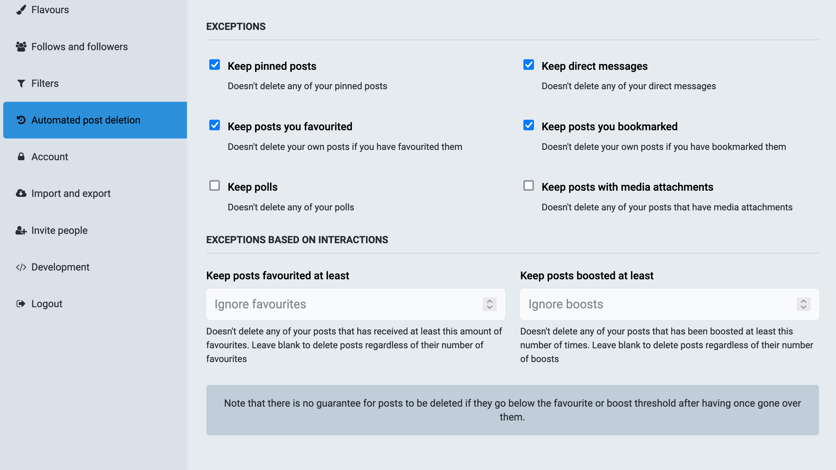 Settings for Auatomatic Post Deletion on Mastodon