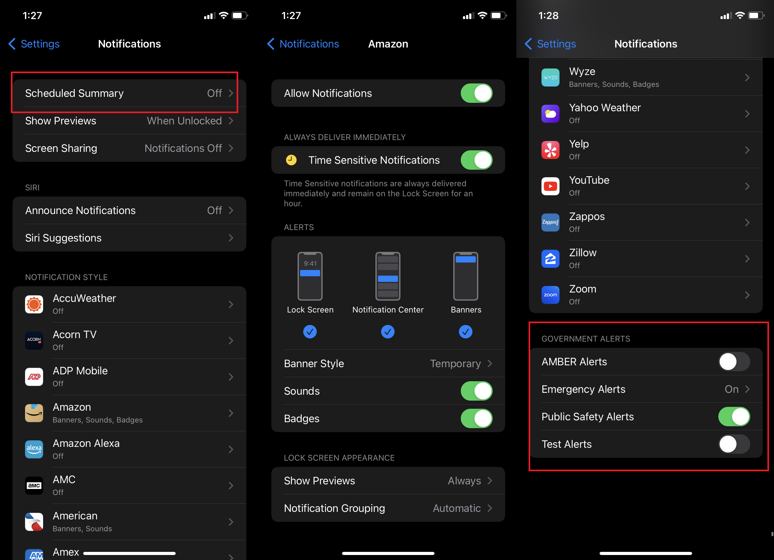 screenshots of notification settings screens on iphone