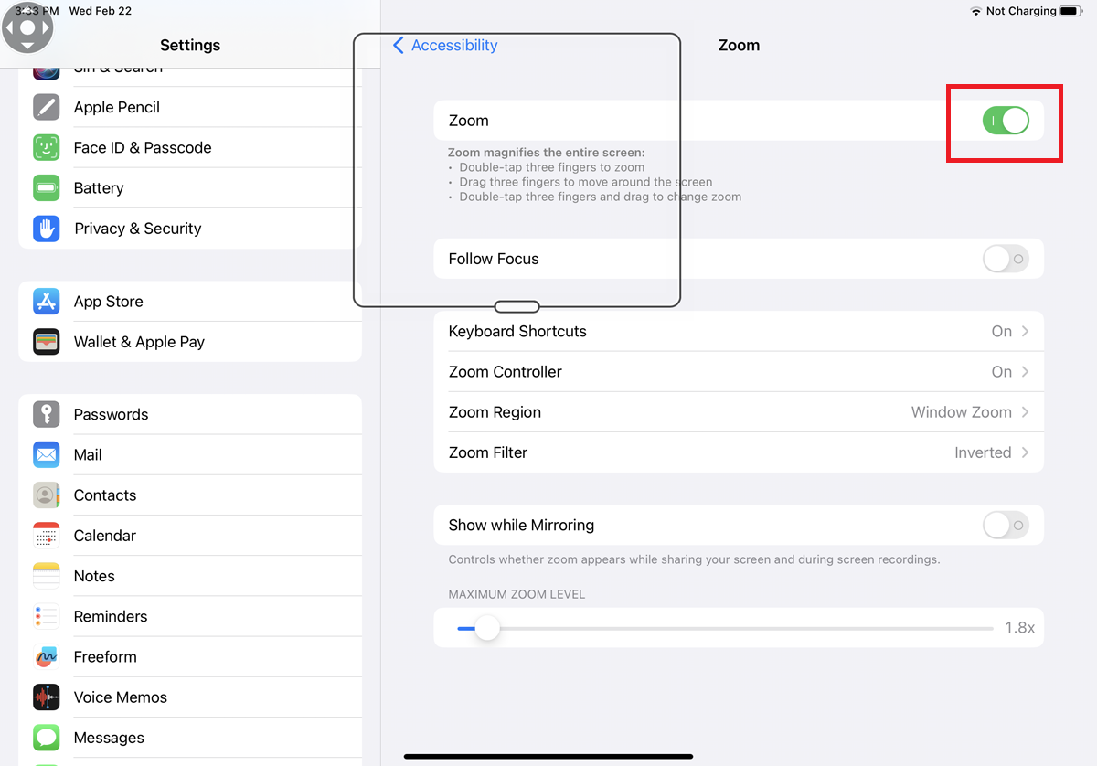 Turn on the switch for Zoom