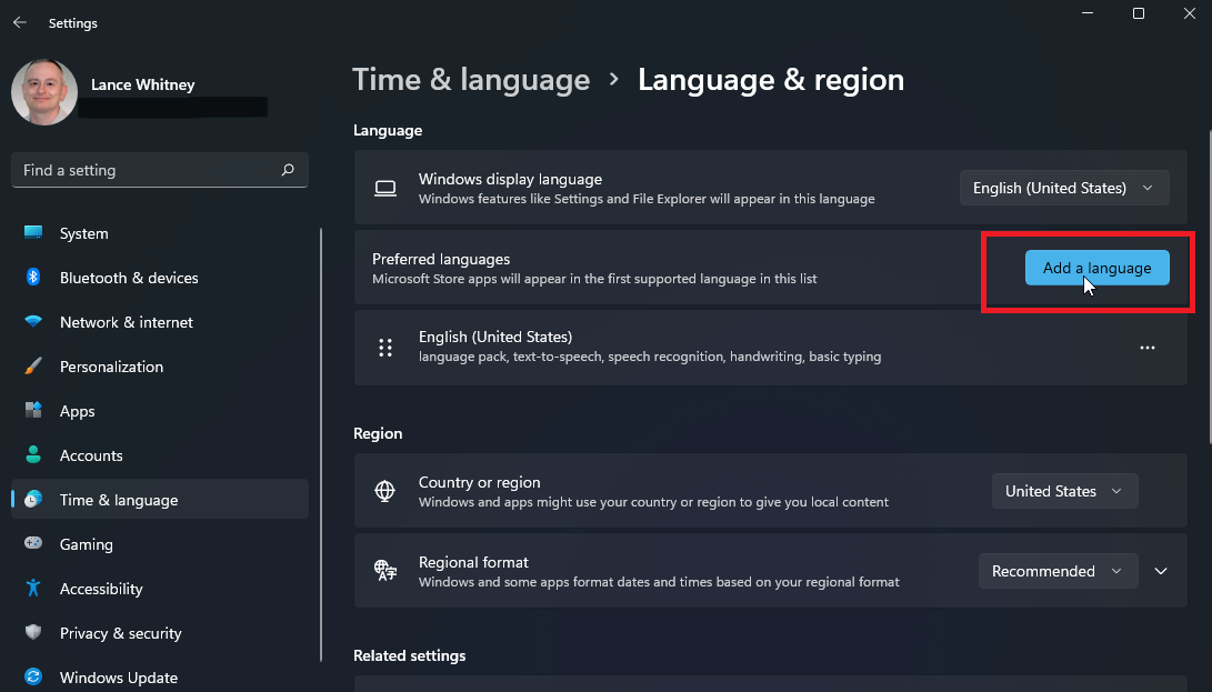Click the button for Add a language in Windows 11
