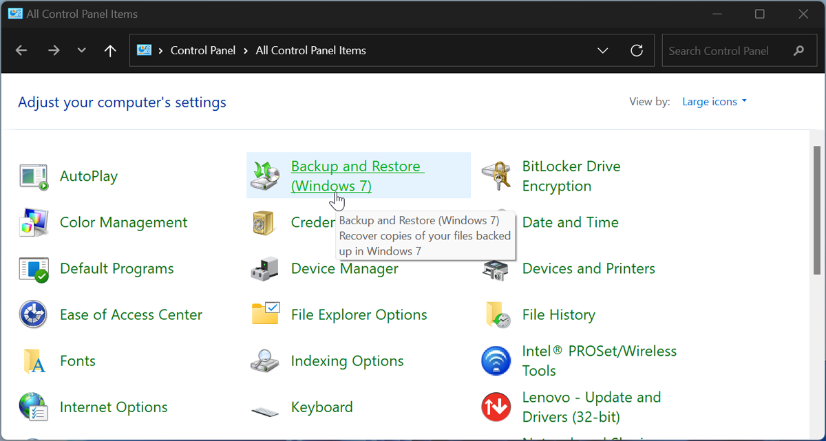 Select Backup and Restore (Windows 7)