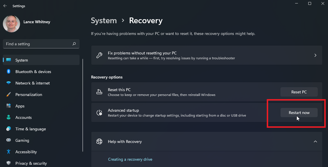 Restart Windows in recovery mode